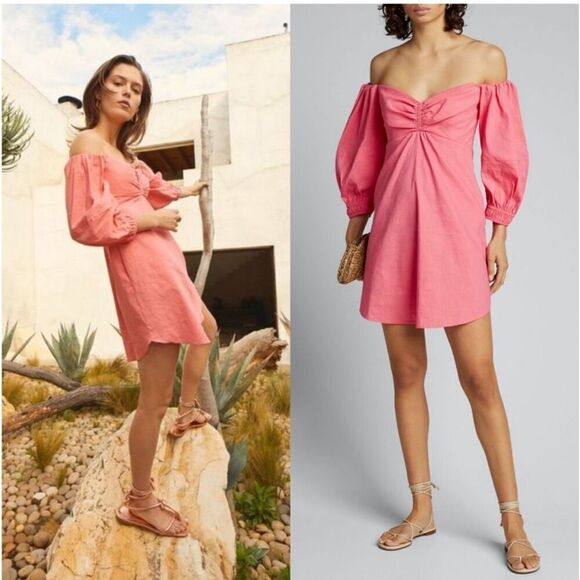 NWT A.L.C. Mila Linen Blend Smocked Off-Shoulder Mini Dress Pink Size 10 - Picture 1 of 9